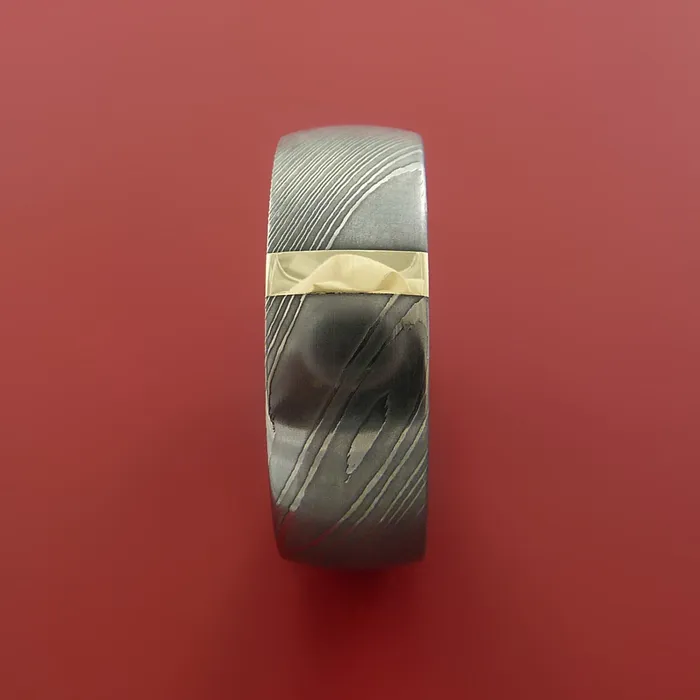 Rings Lashbrook Damascus Steel Ring with 14k Yellow Gold Inlay Custom Made Band