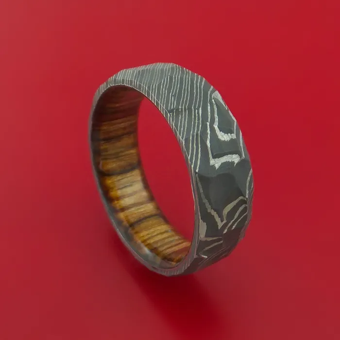 Rings Lashbrook Hammered Damascus Steel Ring with Interior Hardwood Sleeve Custom Made Band Rings Lashbrook Hammered Damascus Steel Ring with Interior Hardwood Sleeve Custom Made Band