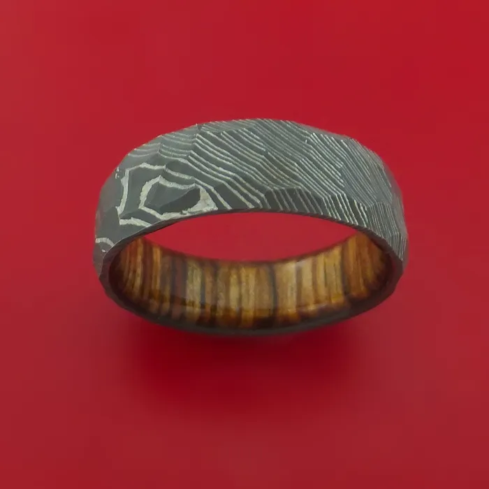 Rings Lashbrook Hammered Damascus Steel Ring with Interior Hardwood Sleeve Custom Made Band Rings Lashbrook Hammered Damascus Steel Ring with Interior Hardwood Sleeve Custom Made Band