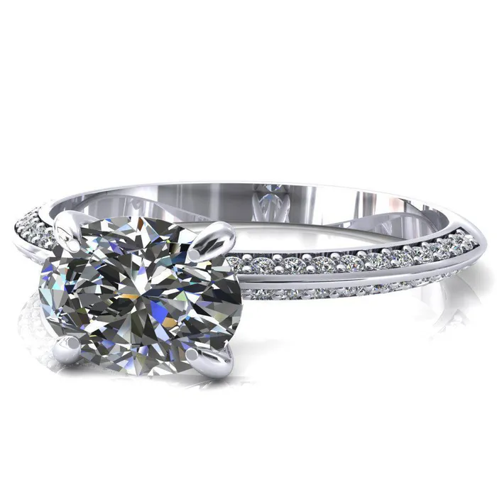 Rings Nancy Oval Center Stone EastWest 4 Prong 12 Eternity Diamond Knife Shank Accent Engagement Ring Fire Brilliance 