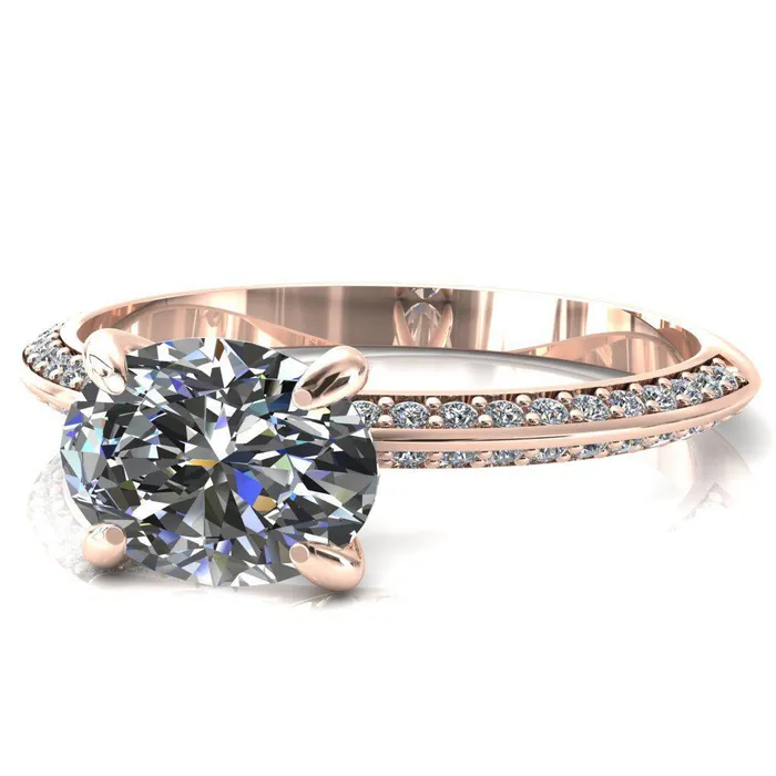Rings Nancy Oval Center Stone EastWest 4 Prong 12 Eternity Diamond Knife Shank Accent Engagement Ring Fire Brilliance 