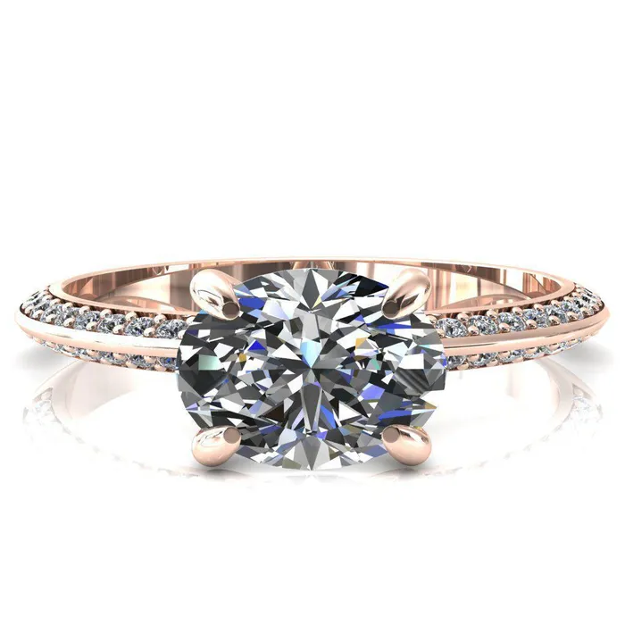 Rings Nancy Oval Center Stone EastWest 4 Prong 12 Eternity Diamond Knife Shank Accent Engagement Ring Fire Brilliance 