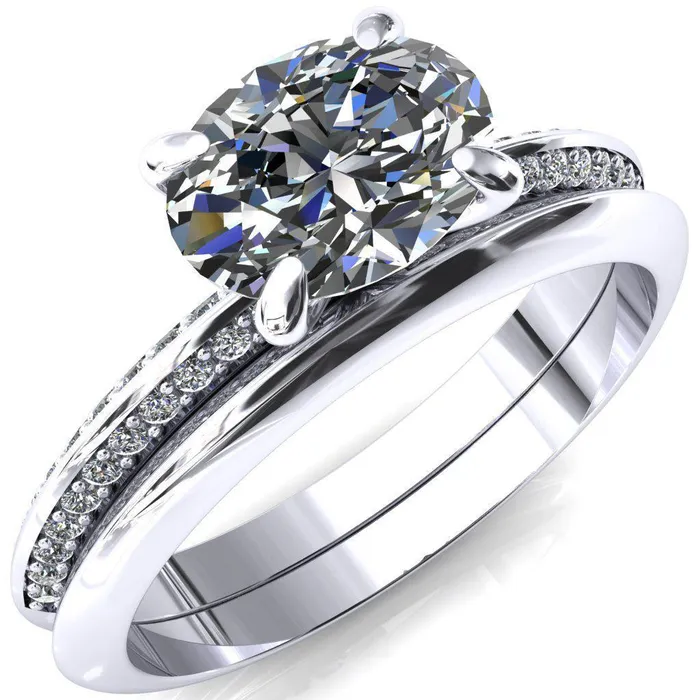 Rings Nancy Oval Center Stone EastWest 4 Prong 12 Eternity Diamond Knife Shank Accent Engagement Ring Fire Brilliance 