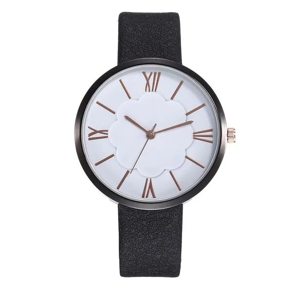 Rings W255 Black Band White Face Blossom Inlay Quartz Watch 01