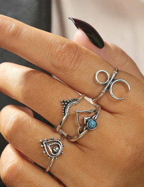 RS52 Silver Color 4 Piece Ring Set 02 Rings