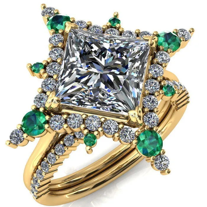 Thalim PrincessSquare Moissanite 4Point Star Emerald and Diamond Halo Ring Fire Brilliance Rings Thalim PrincessSquare Moissanite 4Point Star Emerald and Diamond Halo Ring Fire Brilliance Rings