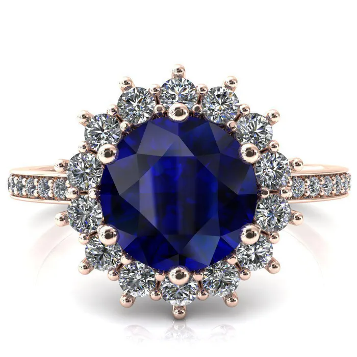 The Duchess Round Blue Sapphire 6 Prong Diamond Cluster Halo Ring Fire Brilliance Rings