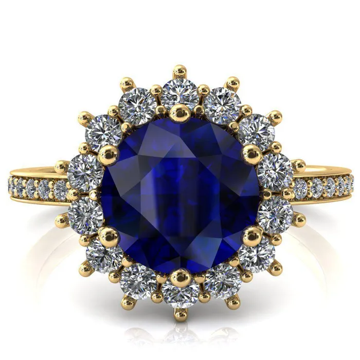 The Duchess Round Blue Sapphire 6 Prong Diamond Cluster Halo Ring Fire Brilliance Rings