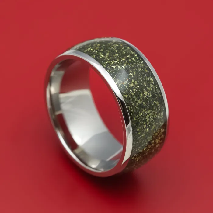 Titanium and Pyrite Mens Ring Custom Made Stone Inlay Band Lashbrook Rings