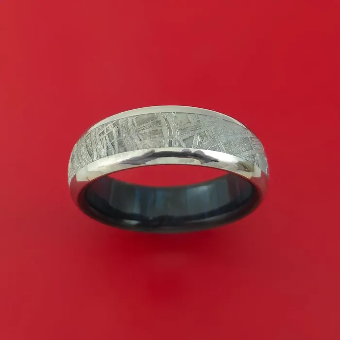 Titanium Ring with Gibeon Meteorite Inlay and Interior Hardwood Sleeve Custom Made Band Lashbrook Rings Titanium Ring with Gibeon Meteorite Inlay and Interior Hardwood Sleeve Custom Made Band Lashbrook Rings