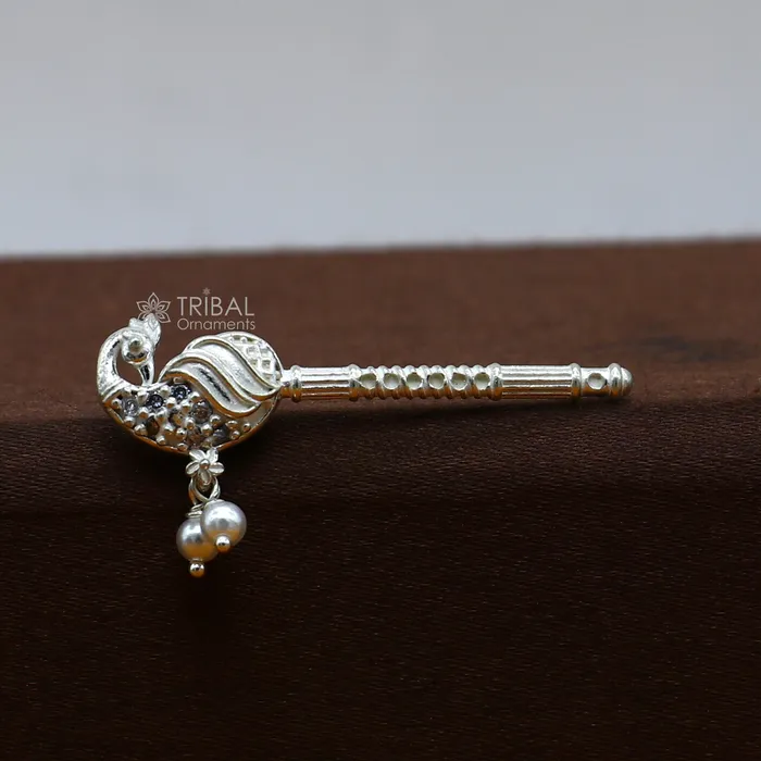 TRIBAL ORNAMENTS 35cm Flute divine 925 sterling silver handmade peacock design idol Krishna flute silver bansuri laddu Gopala flute Krishna flute su1260 Rings