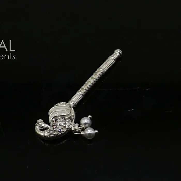 TRIBAL ORNAMENTS 35cm Flute divine 925 sterling silver handmade peacock design idol Krishna flute silver bansuri laddu Gopala flute Krishna flute su1260 Rings