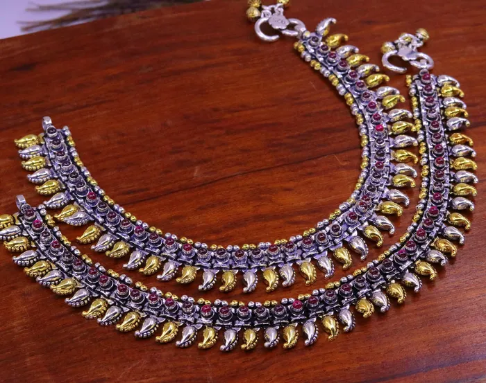 TRIBAL ORNAMENTS 925 sterling silver dual tone mango ankle bracelet or necklace multipurpose tribal ethnic jewelry charm necklaceanklet bellydance ank111 Necklaces