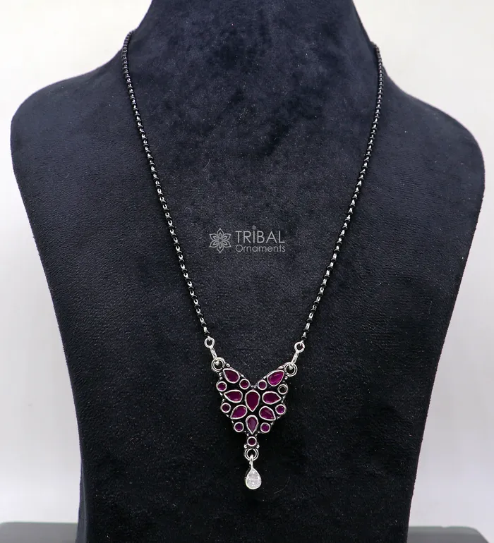 TRIBAL ORNAMENTS 925 sterling silver handmade delicate black beaded chain and fabulous cut stone pendant amazing brides mangalsutra necklace from india ms46 Necklaces TRIBAL ORNAMENTS 925 sterling silver handmade delicate black beaded chain and fabulous cut stone pendant amazing brides mangalsutra necklace from india ms46 Necklaces