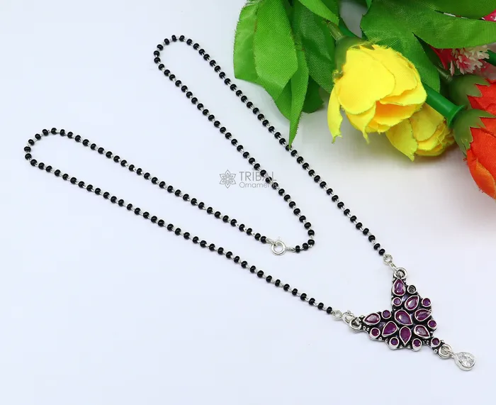 TRIBAL ORNAMENTS 925 sterling silver handmade delicate black beaded chain and fabulous cut stone pendant amazing brides mangalsutra necklace from india ms46 Necklaces TRIBAL ORNAMENTS 925 sterling silver handmade delicate black beaded chain and fabulous cut stone pendant amazing brides mangalsutra necklace from india ms46 Necklaces