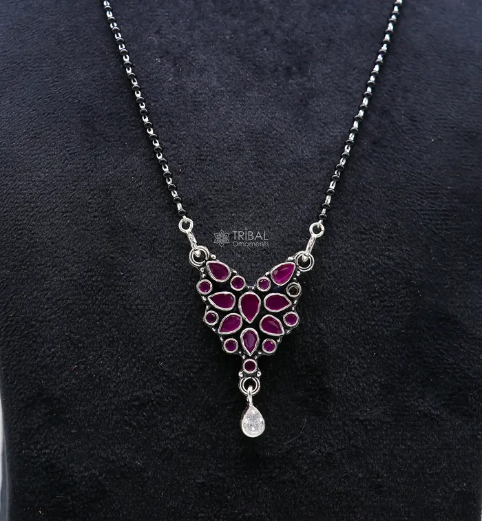 TRIBAL ORNAMENTS 925 sterling silver handmade delicate black beaded chain and fabulous cut stone pendant amazing brides mangalsutra necklace from india ms46 Necklaces TRIBAL ORNAMENTS 925 sterling silver handmade delicate black beaded chain and fabulous cut stone pendant amazing brides mangalsutra necklace from india ms46 Necklaces