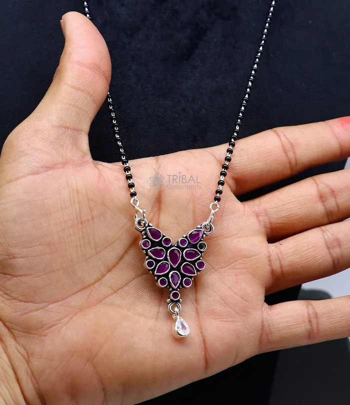 TRIBAL ORNAMENTS 925 sterling silver handmade delicate black beaded chain and fabulous cut stone pendant amazing brides mangalsutra necklace from india ms46 Necklaces TRIBAL ORNAMENTS 925 sterling silver handmade delicate black beaded chain and fabulous cut stone pendant amazing brides mangalsutra necklace from india ms46 Necklaces