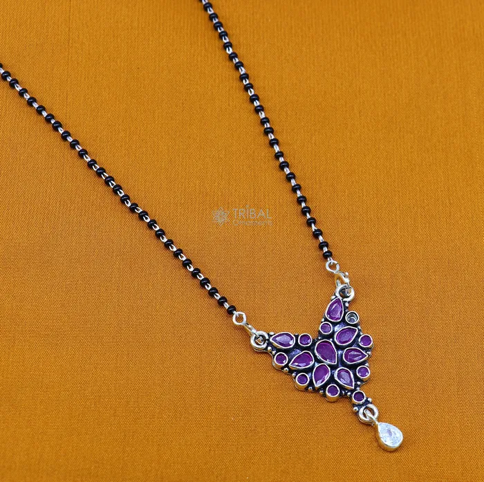 TRIBAL ORNAMENTS 925 sterling silver handmade delicate black beaded chain and fabulous cut stone pendant amazing brides mangalsutra necklace from india ms46 Necklaces TRIBAL ORNAMENTS 925 sterling silver handmade delicate black beaded chain and fabulous cut stone pendant amazing brides mangalsutra necklace from india ms46 Necklaces