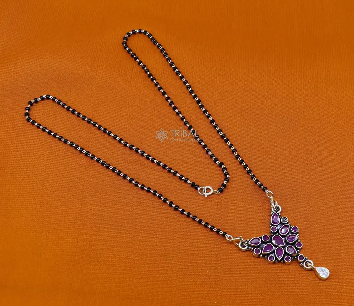 TRIBAL ORNAMENTS 925 sterling silver handmade delicate black beaded chain and fabulous cut stone pendant amazing brides mangalsutra necklace from india ms46 Necklaces TRIBAL ORNAMENTS 925 sterling silver handmade delicate black beaded chain and fabulous cut stone pendant amazing brides mangalsutra necklace from india ms46 Necklaces