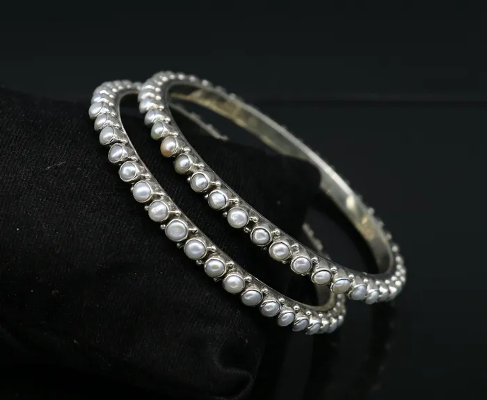 TRIBAL ORNAMENTS Bracelets 925 sterling silver gorgeous pearl bangle bracelet fabulous oxidized customized bridal gifting stunning bangle jewelry from India ba105