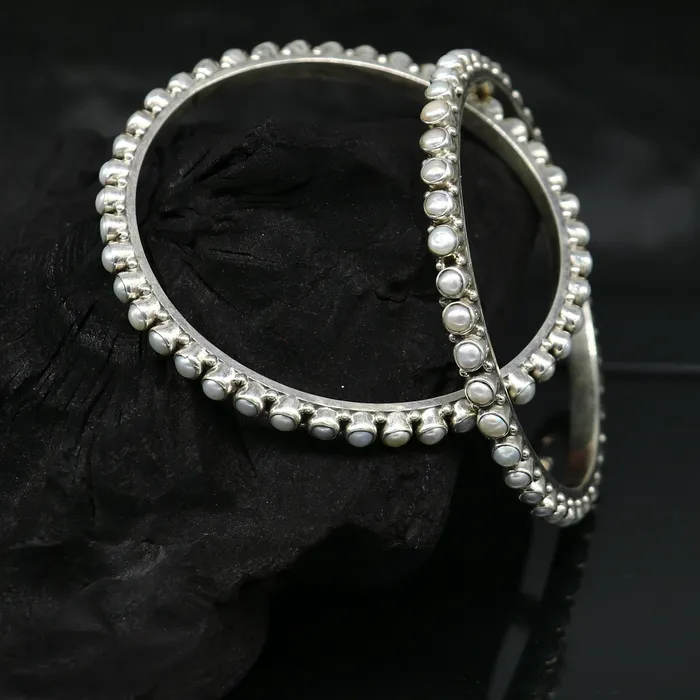TRIBAL ORNAMENTS Bracelets 925 sterling silver gorgeous pearl bangle bracelet fabulous oxidized customized bridal gifting stunning bangle jewelry from India ba105