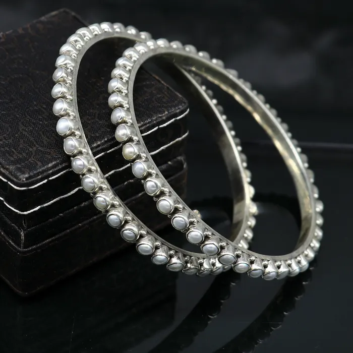 TRIBAL ORNAMENTS Bracelets 925 sterling silver gorgeous pearl bangle bracelet fabulous oxidized customized bridal gifting stunning bangle jewelry from India ba105