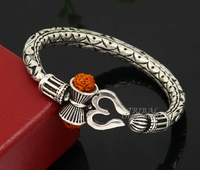 TRIBAL ORNAMENTS Bracelets 925 Sterling silver handmade chitai work Lord Shiva trident trishul kada bangle bracelet with natural Rudraksha customized kada nsk593 TRIBAL ORNAMENTS Bracelets 925 Sterling silver handmade chitai work Lord Shiva trident trishul kada bangle bracelet with natural Rudraksha customized kada nsk593