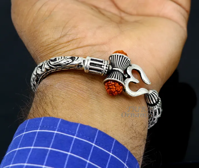 TRIBAL ORNAMENTS Bracelets 925 Sterling silver handmade chitai work Lord Shiva trident trishul kada bangle bracelet with natural Rudraksha customized kada nsk593 TRIBAL ORNAMENTS Bracelets 925 Sterling silver handmade chitai work Lord Shiva trident trishul kada bangle bracelet with natural Rudraksha customized kada nsk593