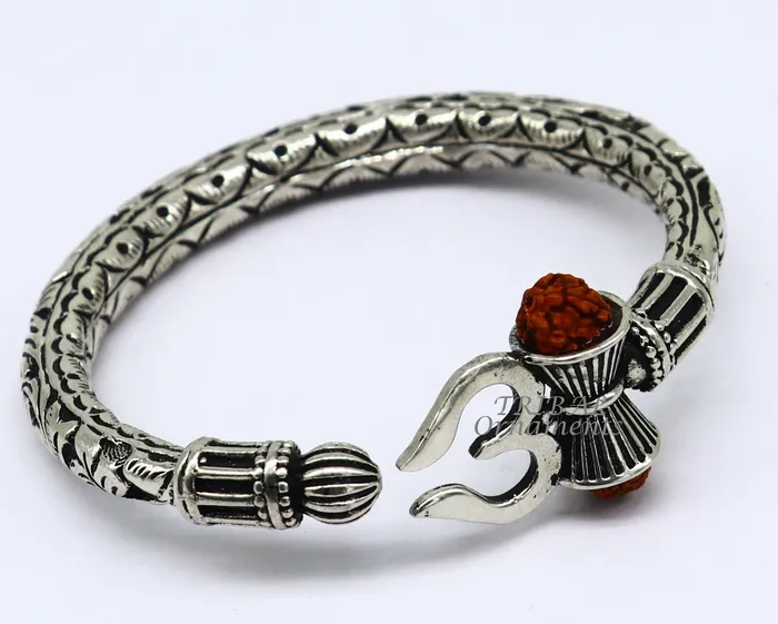 TRIBAL ORNAMENTS Bracelets 925 Sterling silver handmade chitai work Lord Shiva trident trishul kada bangle bracelet with natural Rudraksha customized kada nsk593 TRIBAL ORNAMENTS Bracelets 925 Sterling silver handmade chitai work Lord Shiva trident trishul kada bangle bracelet with natural Rudraksha customized kada nsk593