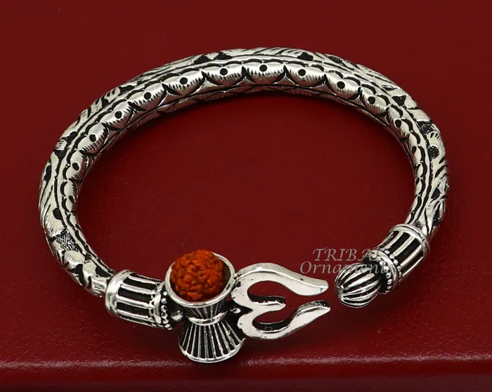 TRIBAL ORNAMENTS Bracelets 925 Sterling silver handmade chitai work Lord Shiva trident trishul kada bangle bracelet with natural Rudraksha customized kada nsk593 TRIBAL ORNAMENTS Bracelets 925 Sterling silver handmade chitai work Lord Shiva trident trishul kada bangle bracelet with natural Rudraksha customized kada nsk593