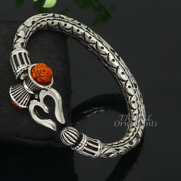 TRIBAL ORNAMENTS Bracelets 925 Sterling silver handmade chitai work Lord Shiva trident trishul kada bangle bracelet with natural Rudraksha customized kada nsk593 TRIBAL ORNAMENTS Bracelets 925 Sterling silver handmade chitai work Lord Shiva trident trishul kada bangle bracelet with natural Rudraksha customized kada nsk593