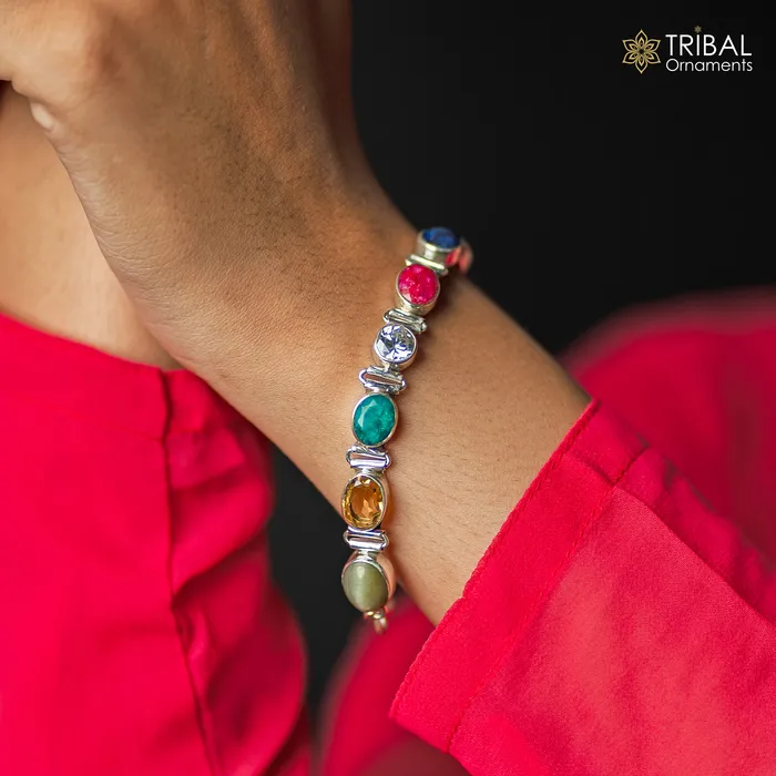 TRIBAL ORNAMENTS Bracelets 925 sterling silver handmade Navratan stone unisex nine stone bracelet sbr742 TRIBAL ORNAMENTS Bracelets 925 sterling silver handmade Navratan stone unisex nine stone bracelet sbr742