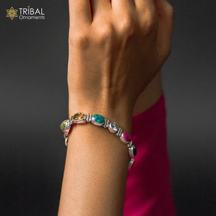 TRIBAL ORNAMENTS Bracelets 925 sterling silver handmade Navratan stone unisex nine stone bracelet sbr742 TRIBAL ORNAMENTS Bracelets 925 sterling silver handmade Navratan stone unisex nine stone bracelet sbr742