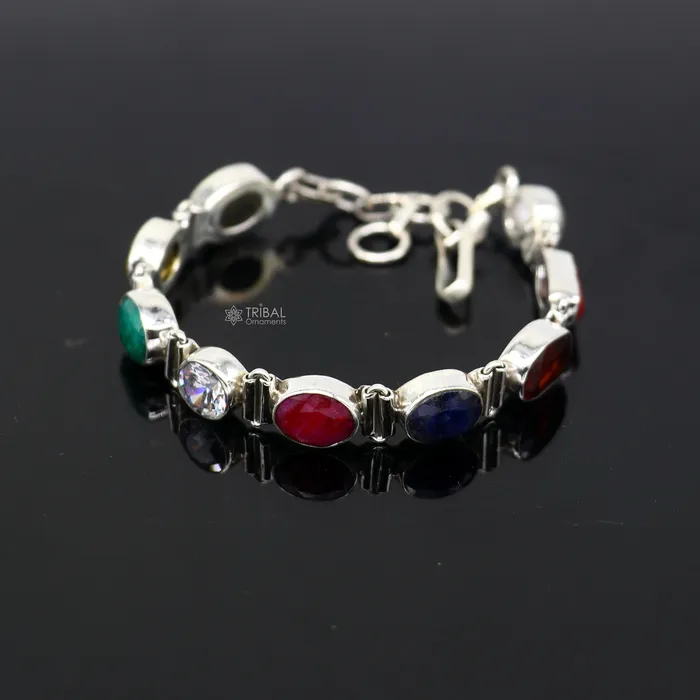TRIBAL ORNAMENTS Bracelets 925 sterling silver handmade Navratan stone unisex nine stone bracelet sbr742 TRIBAL ORNAMENTS Bracelets 925 sterling silver handmade Navratan stone unisex nine stone bracelet sbr742