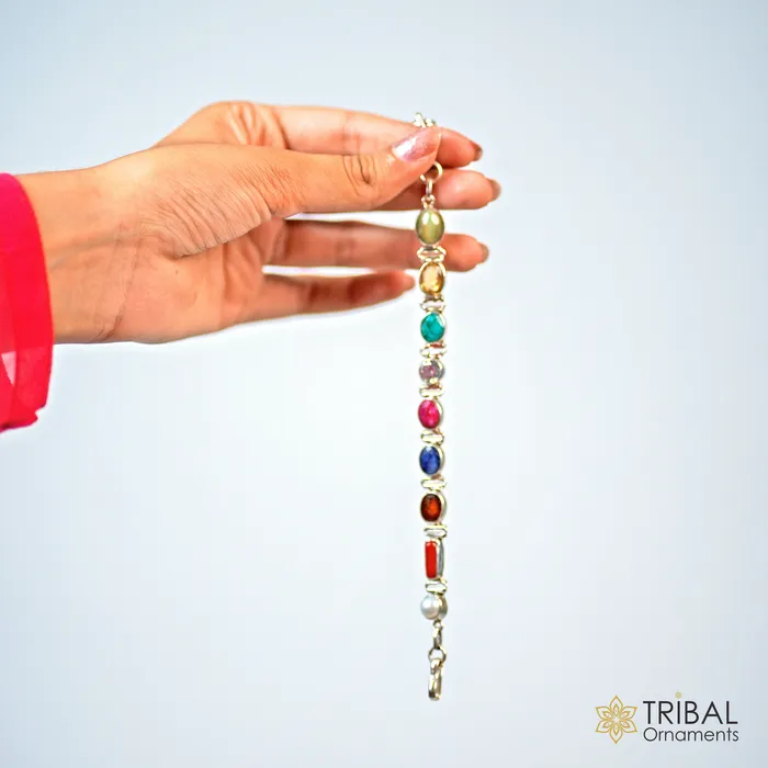 TRIBAL ORNAMENTS Bracelets 925 sterling silver handmade Navratan stone unisex nine stone bracelet sbr742 TRIBAL ORNAMENTS Bracelets 925 sterling silver handmade Navratan stone unisex nine stone bracelet sbr742