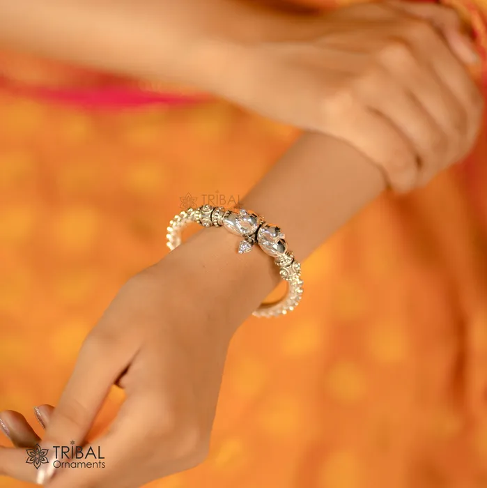 TRIBAL ORNAMENTS Bracelets 925 Sterling silver handmade vintage peacock design cubic zircon stone tribal ethnic belly dance bangle bracelet gifting kada Rnsk480