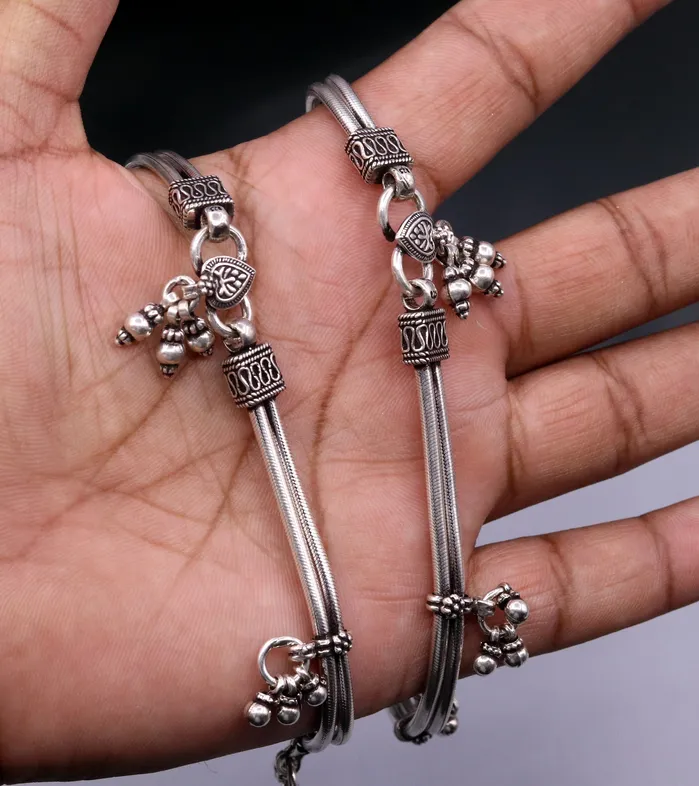 TRIBAL ORNAMENTS Bracelets 925 Sterling silver Vintage antique snake style handmade anklet ankle bracelet foot bracelet with hanging bells belly jewelry ank18