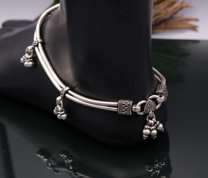 TRIBAL ORNAMENTS Bracelets 925 Sterling silver Vintage antique snake style handmade anklet ankle bracelet foot bracelet with hanging bells belly jewelry ank18