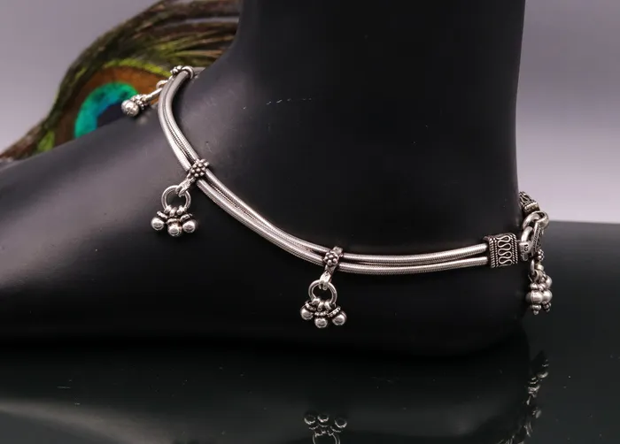 TRIBAL ORNAMENTS Bracelets 925 Sterling silver Vintage antique snake style handmade anklet ankle bracelet foot bracelet with hanging bells belly jewelry ank18