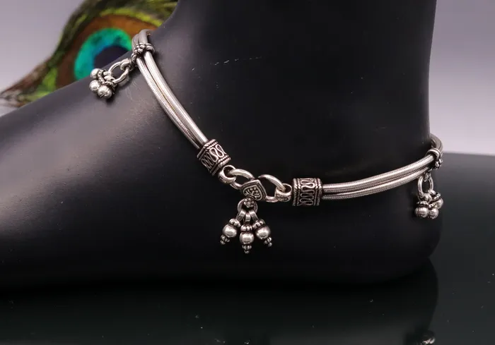 TRIBAL ORNAMENTS Bracelets 925 Sterling silver Vintage antique snake style handmade anklet ankle bracelet foot bracelet with hanging bells belly jewelry ank18