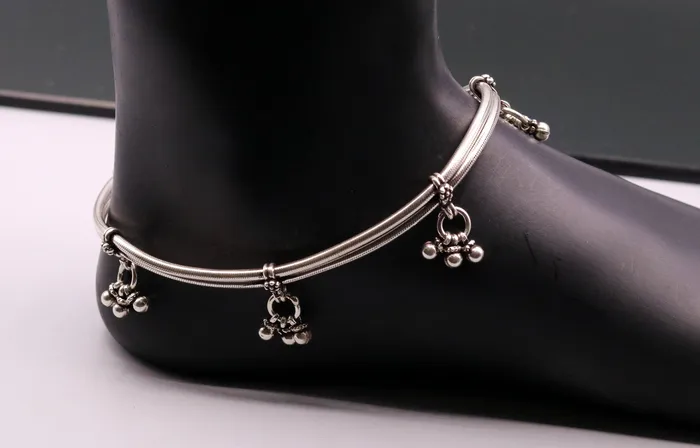 TRIBAL ORNAMENTS Bracelets 925 Sterling silver Vintage antique snake style handmade anklet ankle bracelet foot bracelet with hanging bells belly jewelry ank18