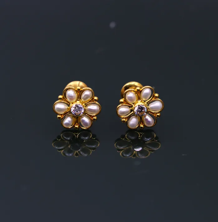 TRIBAL ORNAMENTS Earrings 22kt yellow gold handmade stud earrings with fabulous pearl and cubic zircon earrings stylish modern girls jewelry from india TRIBAL ORNAMENTS Earrings 22kt yellow gold handmade stud earrings with fabulous pearl and cubic zircon earrings stylish modern girls jewelry from india