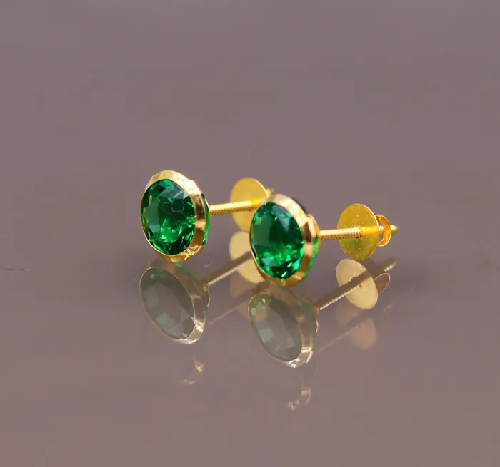 TRIBAL ORNAMENTS Earrings Genuine 18k yellow gold handmade fabulous green stone excellent antique vintage design stud earrings pair unisex jewelry er86