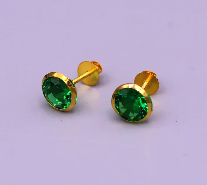 TRIBAL ORNAMENTS Earrings Genuine 18k yellow gold handmade fabulous green stone excellent antique vintage design stud earrings pair unisex jewelry er86