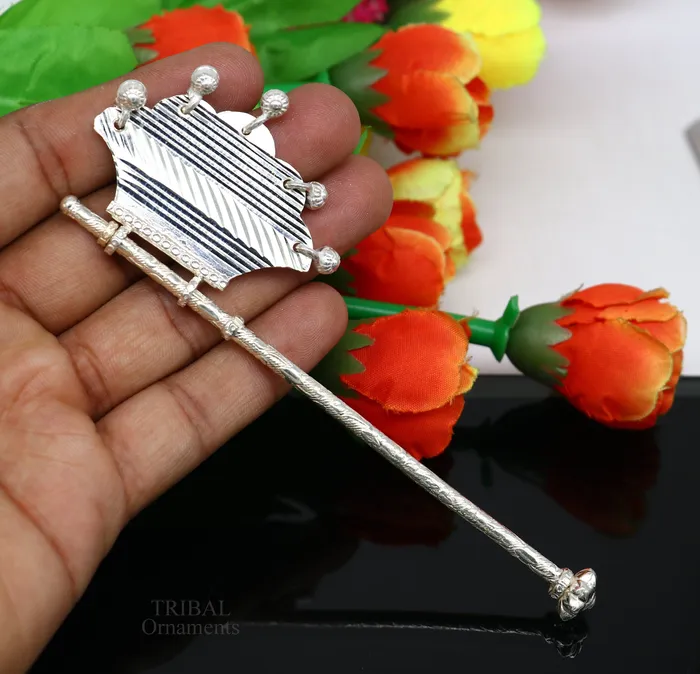 TRIBAL ORNAMENTS Earrings Solid silver pankhi vintage design small fan or pankhi for god puja best gifting to laddu gopala krishna silver hand driven fan su686