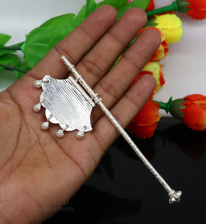 TRIBAL ORNAMENTS Earrings Solid silver pankhi vintage design small fan or pankhi for god puja best gifting to laddu gopala krishna silver hand driven fan su686