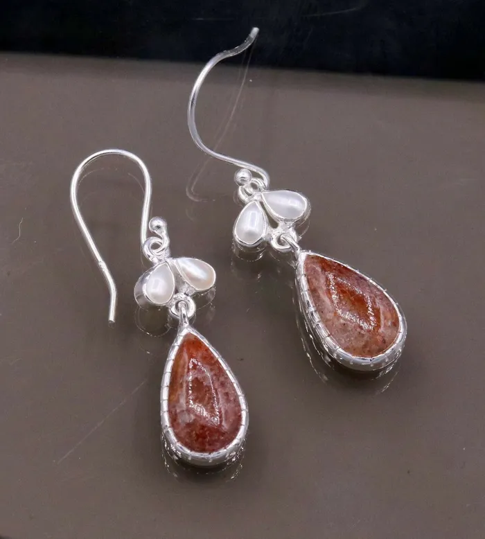TRIBAL ORNAMENTS Earrings Vintage design style stone 925 sterling silver dangling hoop earrings s323 TRIBAL ORNAMENTS Earrings Vintage design style stone 925 sterling silver dangling hoop earrings s323