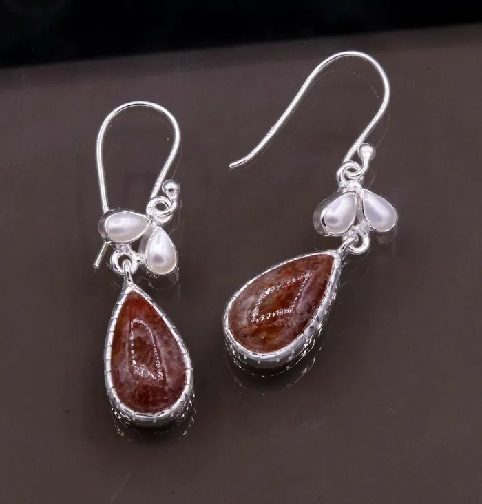 TRIBAL ORNAMENTS Earrings Vintage design style stone 925 sterling silver dangling hoop earrings s323