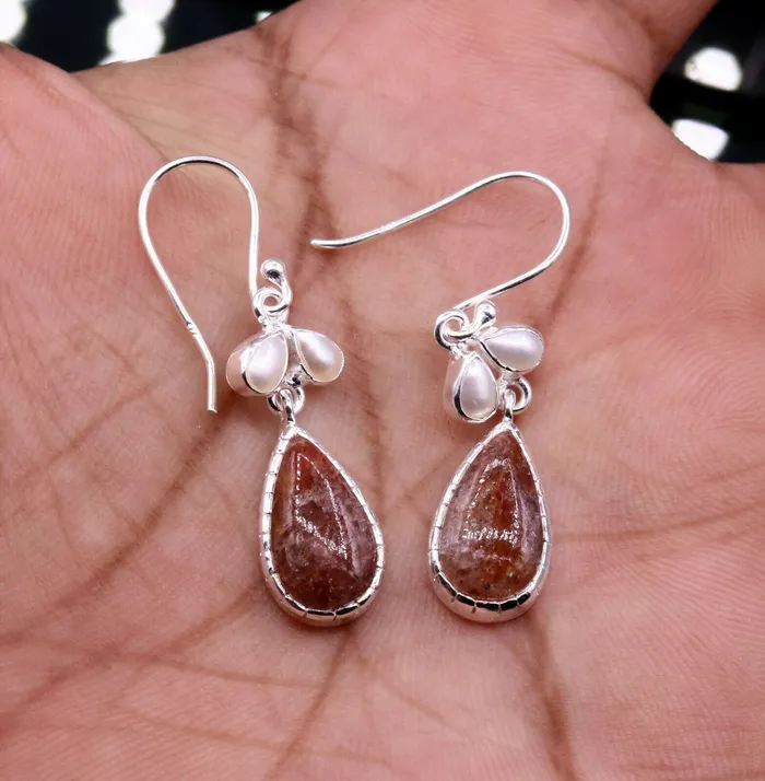 TRIBAL ORNAMENTS Earrings Vintage design style stone 925 sterling silver dangling hoop earrings s323