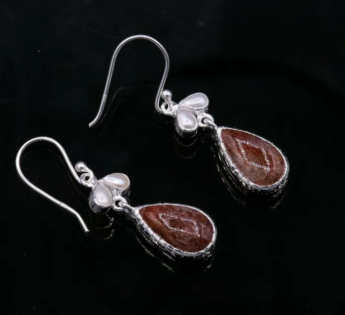 TRIBAL ORNAMENTS Earrings Vintage design style stone 925 sterling silver dangling hoop earrings s323